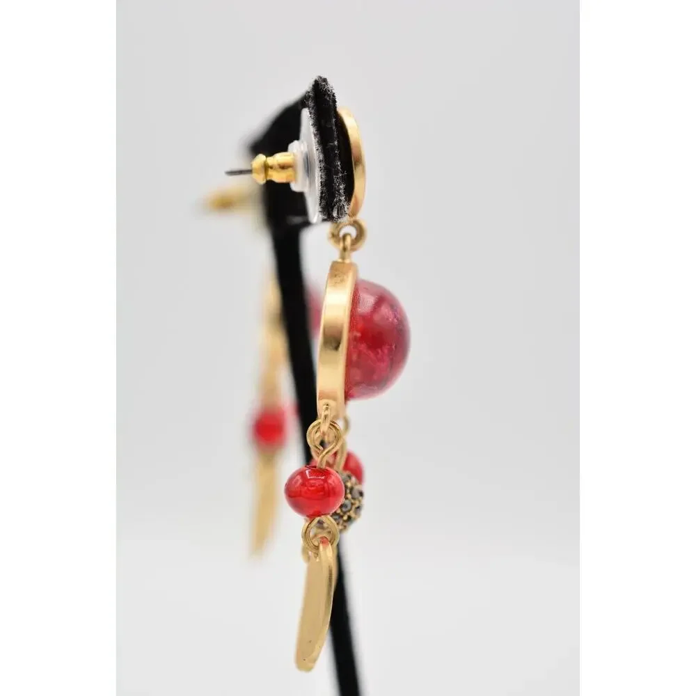 Statement Cabochon Dangle Earrings Red Lucite Brushed Gold Black Rhinestone 9L